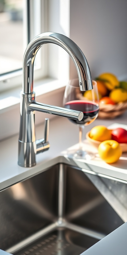Create a high-resolution image of a modern kitchen sink featuring a sleek, polished chrome faucet, with a glass of red wine beside it on the countertop, styled with fresh fruits in the background, taken with a DSLR camera, ISO 200, aperture f/2.8, focal length 50mm, soft natural lighting, shallow depth of field.