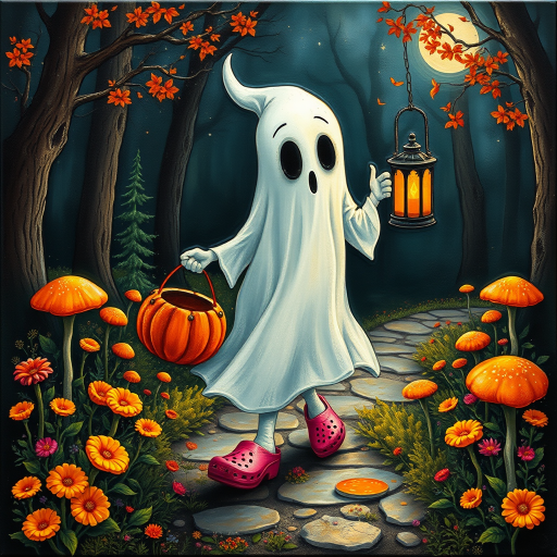 whimsical acrylic and oil painting, 3D, of a ghost, walking and carrying an orange pumpkin bucket and a lantern in the other hand, with bright pink croc shoes, background path in the enchanted forest, wildflowers, colorful mushrooms misty hues of black and orange with bright gold glitter, ultra detailed..Inspired by a prompt from another group
