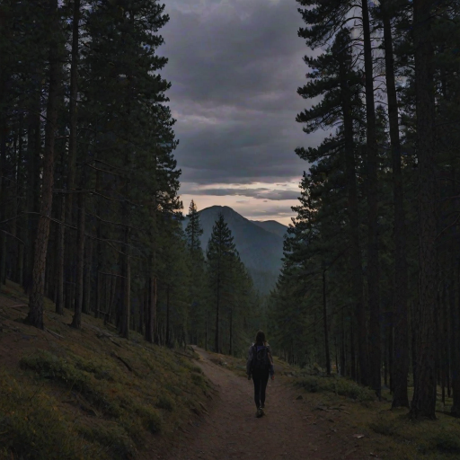 Mountain trail at dusk, with tall pines lining the path, a woman hikes alone, her silhouette barely visible against the backdrop of a darkening sky.
