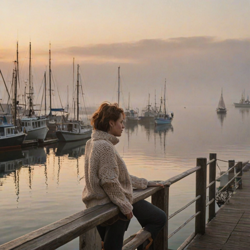 Foggy harbor at sunrise, boats rocking gently in the water, a woman in a knitted sweater leans on a wooden railing, watching the fishing vessels prepare to head out to sea.