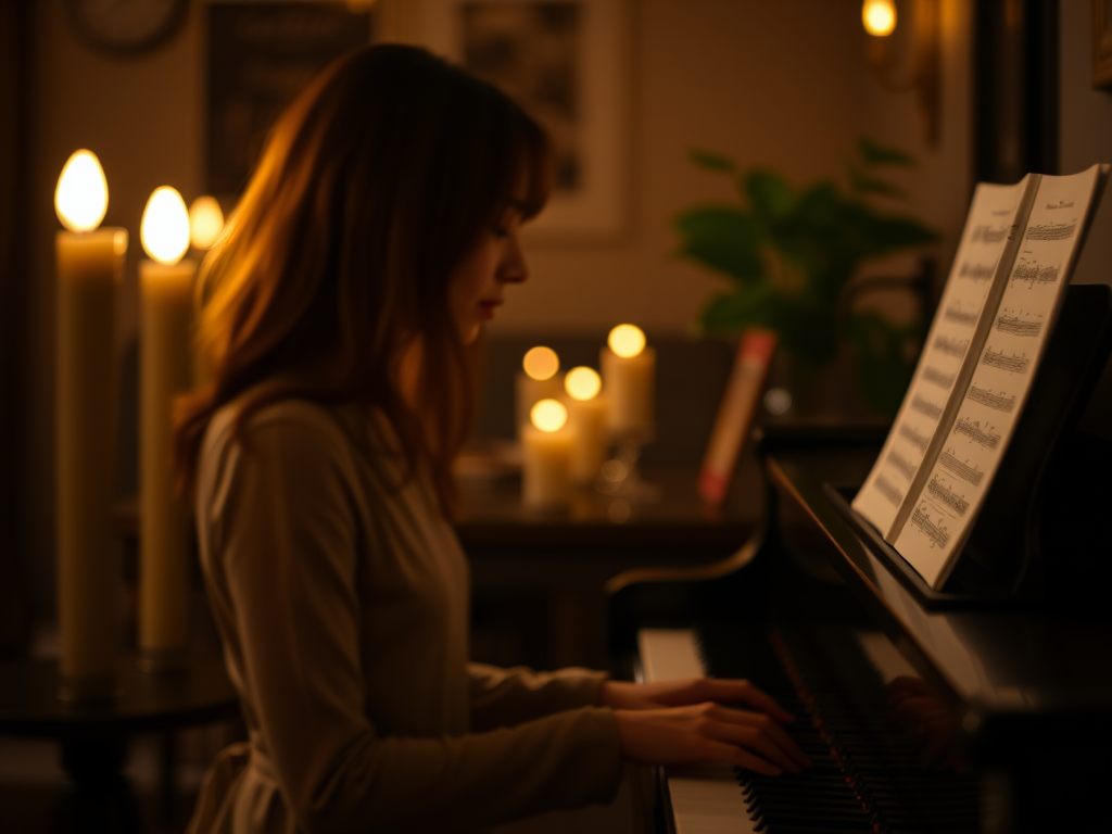 Blurry candid shot of a woman playing the piano in a dimly lit room, soft golden light from candles casting delicate shadows, with sheet music softly blurred on the stand.