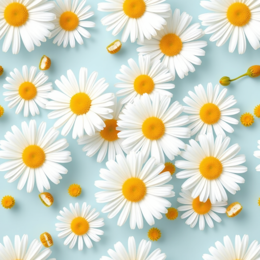 create a seamless pattern of white daisies with yellow centers on a light blue background