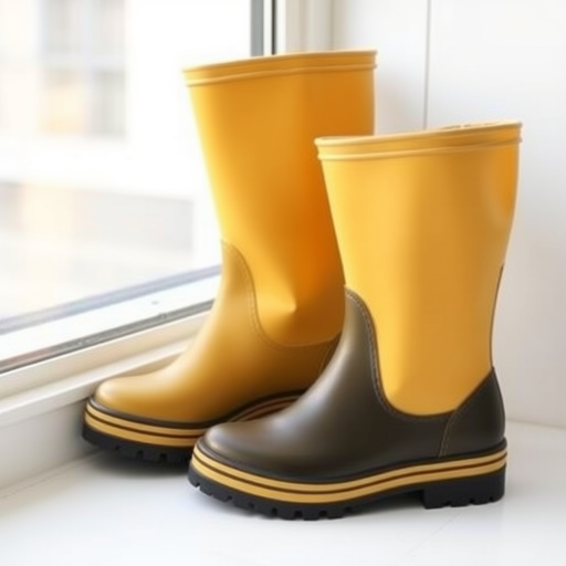 Generate an image of a pair of stylish, yellowish-beige rubber boots with a relaxed fit, featuring a thick black sole and a yellow stripe along the base. The boots should be placed next to a window, showcasing a modern and clean aesthetic.
