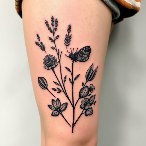 Rustic woodcut-inspired tattoo named "Nature's Wisdom" featuring detailed illustrations of native flora and fauna with a weathered, engraved appearance, symbolizing a connection to the natural world on the thigh