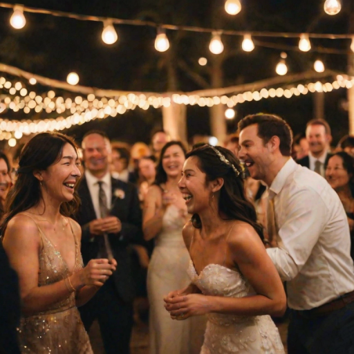 Blurry candid shot of a wedding reception, guests laughing and dancing under twinkling string lights, with soft golden light from the lanterns casting a warm, festive glow over the scene.