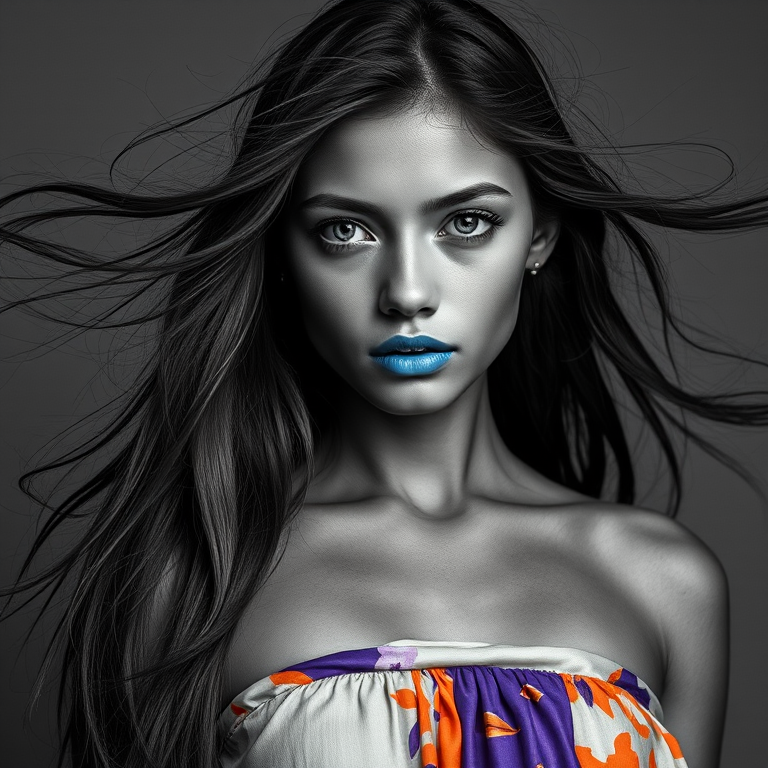 Photographic image of a beautiful young Guarani woman, white eyes, lips with cyan lipstick, long hair fluttering in the wind and wearing a silk strapless dress with a soft purple and orange print. monochrome image with only color highlights in the iris of the eyes, lipstick and dress. Gray background.