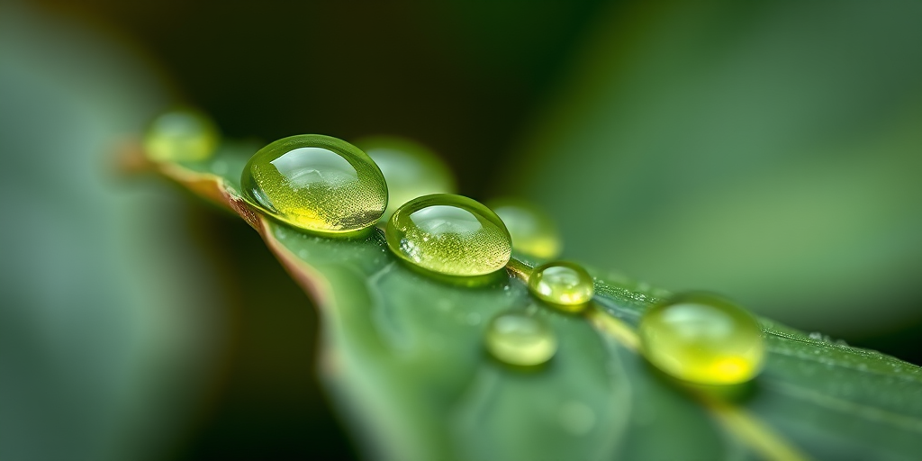 Create a high-resolution close-up image of green water droplets on a leaf with sharp focus, using a DSLR camera, 50mm lens, f/2.8 aperture, ISO 100, 1/200 sec shutter speed, in natural lighting and a shallow depth of field.