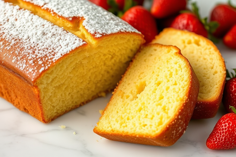 A freshly baked loaf of yellow cake with a golden brown crust lightly dusted with powdered sugar, sliced to reveal a moist interior, placed on a white marble surface with vibrant red strawberries in the background.
