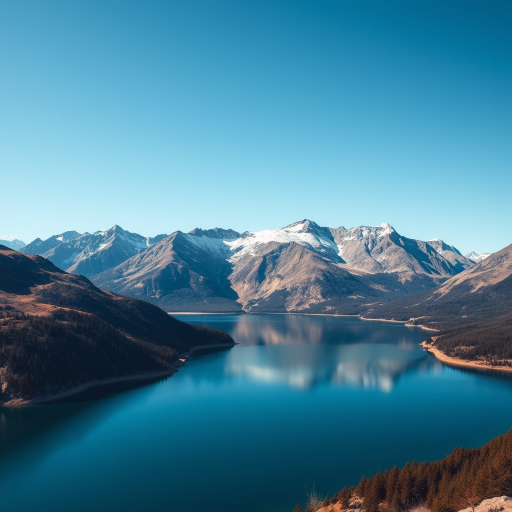Create an image of a serene landscape with a calm lake surrounded by mountains under a clear blue sky, shot with a DSLR camera at f/8, ISO 200, 1/250 sec, using a wide-angle lens and high dynamic range for enhanced colors and details.