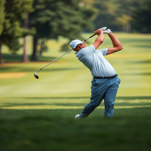 Capture a golfer in mid-swing on a lush green golf course, using a Canon EOS R5 with a 70-200mm f/2.8 lens at 1/1000s shutter speed, ISO 100, aperture f/4, soft focus background, and natural light.