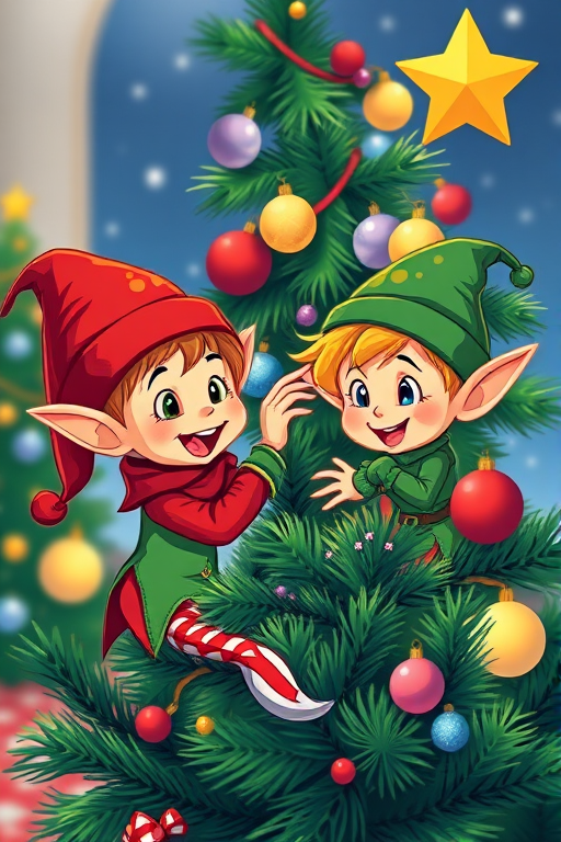 Create a vibrant, cartoon-style illustration of two elves decorating a Christmas tree, focus on bright colors and playful expressions, use a digital art style, high resolution, with a soft focus lens at f/2.8 to enhance depth of field and detail.