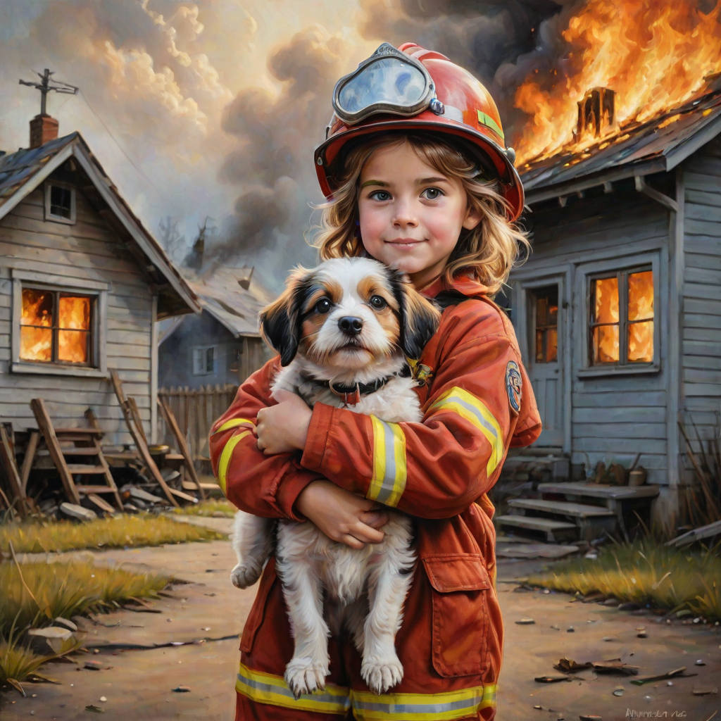 airbrushed oil painting, pixar style, cute little girl in fireman gear, helmet, tousled hair, expressive eyes, standing in the doorstep of a cottage burning behind him, holding a cute little dog in her arm, atumn sky