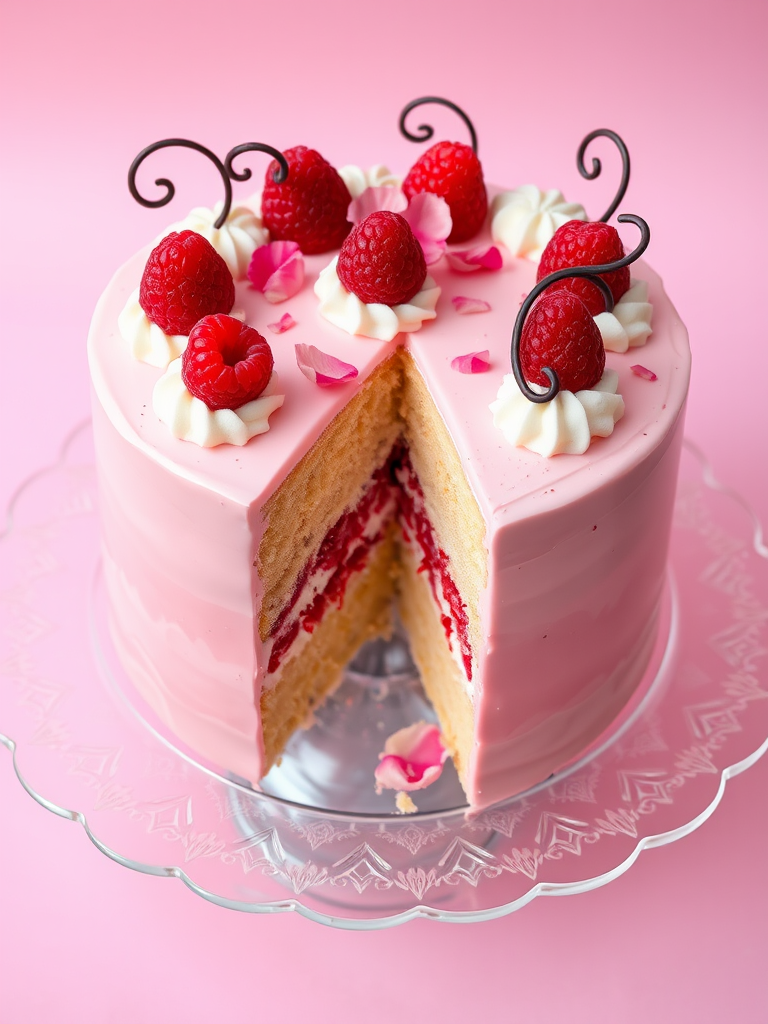 A beautifully decorated pink cake with a glossy finish, featuring a layer of raspberry filling and vanilla cream, garnished with fresh raspberries, rose petals, and decorative chocolate curls, displayed on an elegant glass plate with a slice cut out, set against a soft pink background.