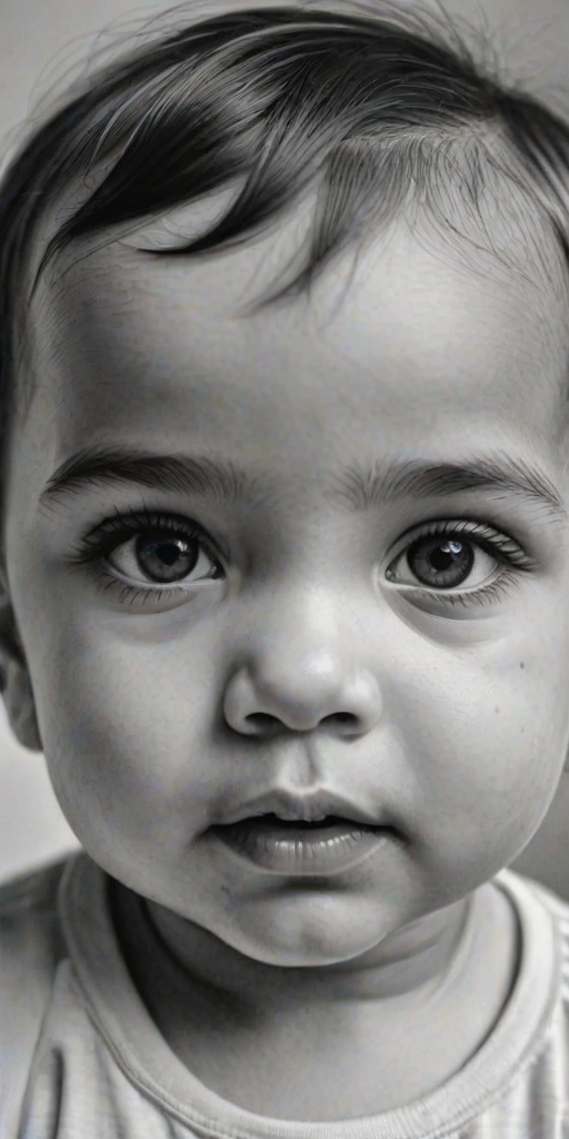 A hyperdetailed photorealistic black and white sketch of a beautiful toddler with deep black eyes, with a macro focus