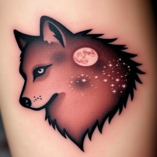 Negative space tattoo called "Celestial Silhouette" depicting a starry night sky within the outline of a majestic wolf, with carefully placed white ink highlights creating the illusion of twinkling stars and a glowing moon, perfect for nature lovers and those who feel a deep connection to the animal world and the cosmos.
