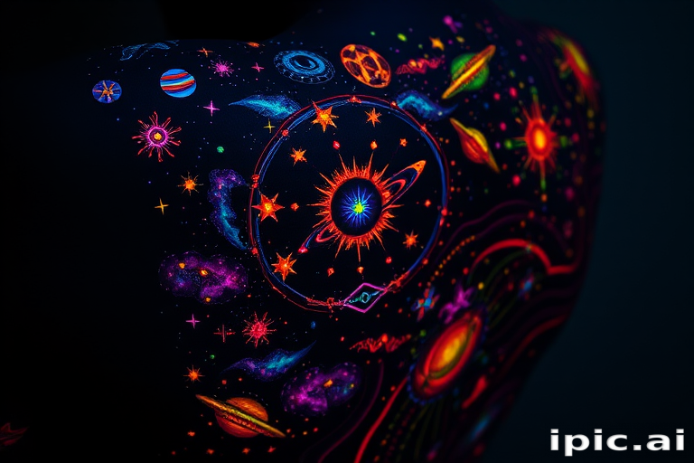 Cosmic blacklight tattoo revealing hidden elements under UV light, intricate space-themed designs with glowing nebulae and stars, mysterious and interactive body art experience