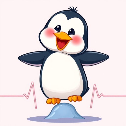 Create a high-resolution cartoon penguin balancing on a stylized heartbeat line, with vibrant colors and a playful expression, captured in a digital illustration style using a Canon EOS R5 camera with a 24-70mm f/2.8 lens at ISO 100, aperture f/4, and a wide-angle view to enhance detail and clarity.