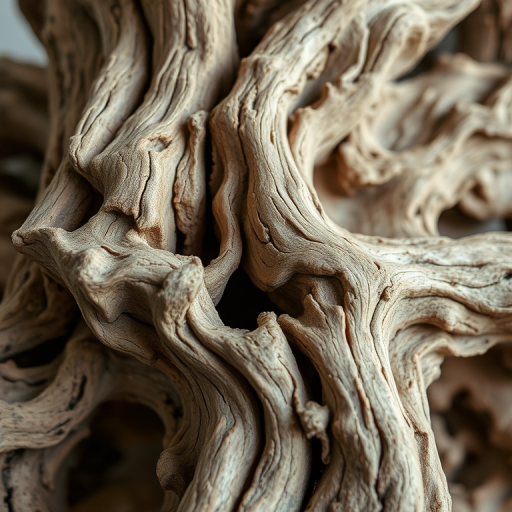 regenerate a close-up of a weathered driftwood sculpture with intricate textures and patterns, natural earthy tones, soft diffused lighting, shallow depth of field, taken with a DSLR camera at f/2.8, 50mm lens, ISO 100, and a slight tilt to capture the angles of the wood.