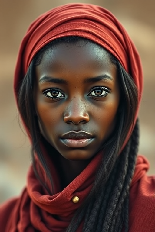 Create a portrait of a young Zulu woman with long, dark hair and captivating hazel eyes. She is wearing a red headscarf and a matching scarf draped gracefully around her neck. The background is softly blurred, focusing attention on her serene and natural expression. The overall color palette is muted and warm, enhancing the intimate and authentic feel of the portrait.