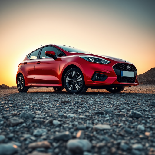 high-resolution image of a sleek red hatchback car parked on a rocky terrain during sunset, 35mm lens, f/2.8 aperture, ISO 100, shot from a low angle view to emphasize the car's design and details, using a DSLR camera with HDR settings