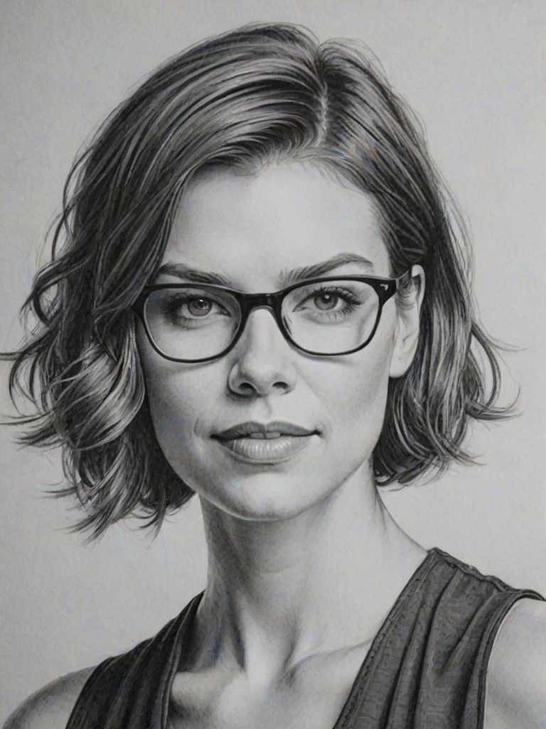 Wonderful Lauren Cohan, pencil sketch, portrait of Magnificent woman 1923s in glasses, hair style beatnik, outline, clear lines, fine lines, 8k