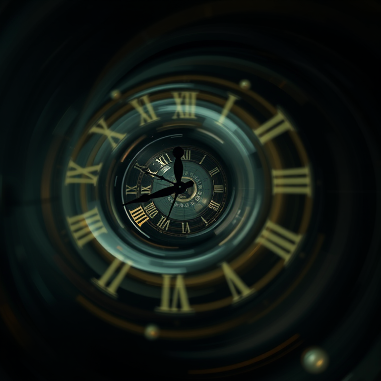 generate an abstract artwork featuring swirling clock motifs in a dark background, using a Canon EOS R5, 50mm lens at f/1.8, ISO 100, long exposure for smooth motion effects, with a low angle view to create depth and intrigue