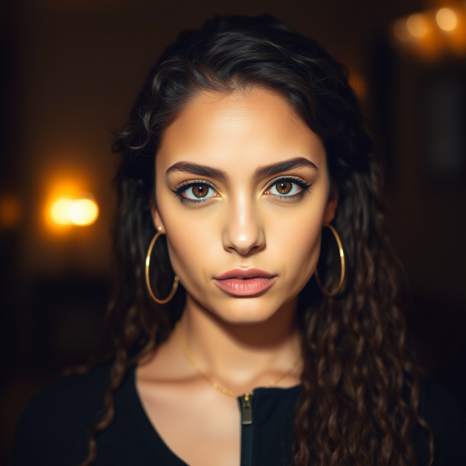 A young woman with long, curly brown hair is looking directly at the viewer. She is wearing a black top with a zipper down the front. The setting is a dimly lit interior space, with a warm, golden light emanating from the background. Her expression is neutral, with a hint of seriousness. The image is a close-up portrait with a shallow depth of field, focusing on the woman's face and torso. The background is blurred, creating a soft and intimate atmosphere.  She is wearing large gold hoop earrings, and a small gold chain is visible around her neck.  Her makeup is natural and simple, highlighting her brown eyes. The lighting creates subtle shadows that accentuate her features.  Her skin is smooth and glows in the soft light. The composition is balanced, with the woman's face positioned in the center of the frame.  The image is focused on capturing her beauty and confidence.