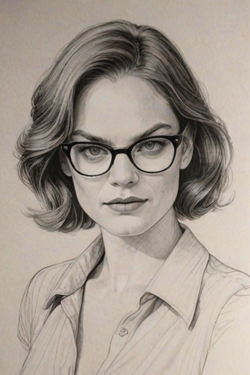 Elegant Ruth Wilson, pencil sketch, portrait of Splendid woman 1976s in glasses, hair style beatnik, outline, clear lines, fine lines, 8k
