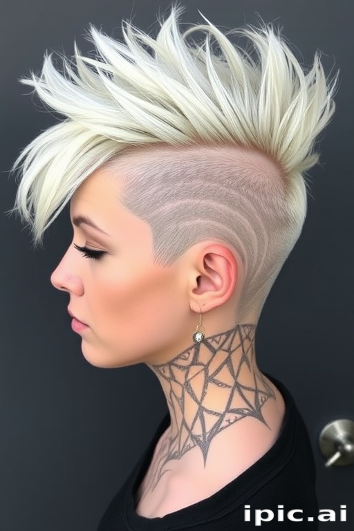 Edgy platinum blonde undercut with intricate geometric patterns shaved into the sides, long top styled in a messy quiff for a bold and daring look