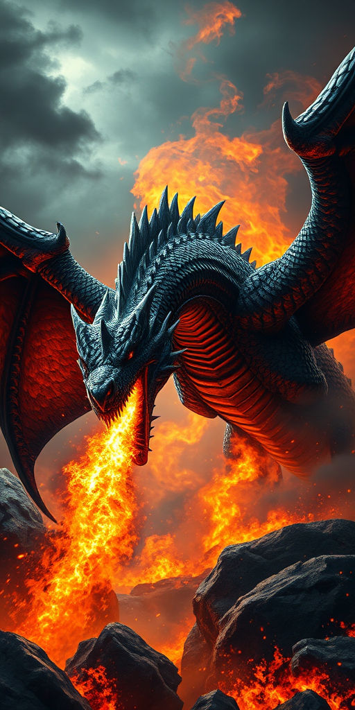 create a dramatic and powerful image of a giant dragon with scales resembling blackened metal, breathing fire amidst a fiery and stormy background, with swirling clouds and glowing embers in the air, capturing a sense of chaos and intensity