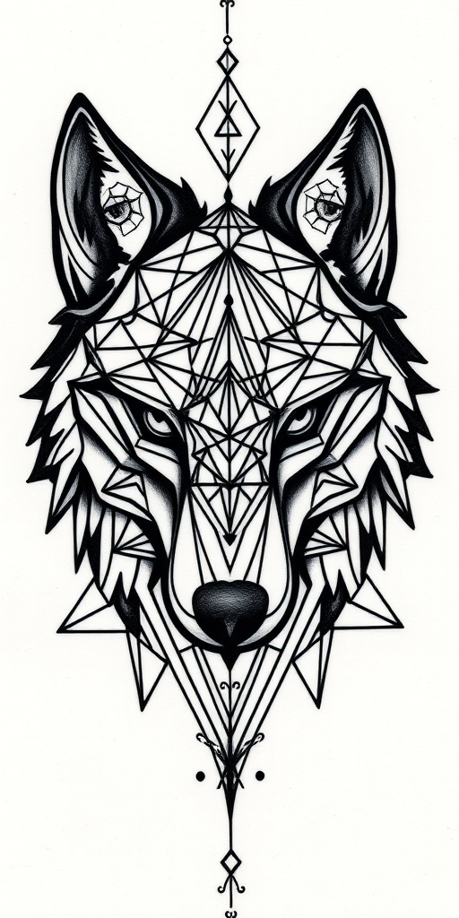 Geometric blackwork tattoo showcasing interconnected shapes and patterns forming a wolf's head, with precise linework and symmetry, called "Sacred Geometry Wolf"