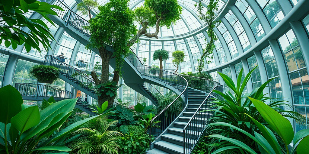 Create an ultra-realistic image of a futuristic indoor garden with a winding staircase surrounded by lush greenery, captured with a Canon EOS R5, 24mm lens, f/2.8 aperture, ISO 100, in natural light, wide-angle view, emphasizing depth and clarity.
