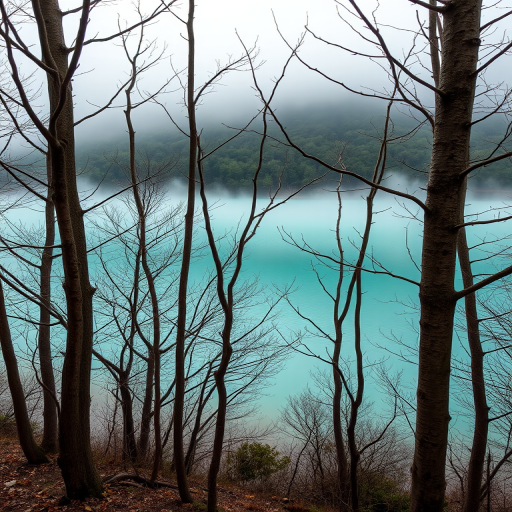 capture a misty landscape of a turquoise lake with bare trees in the foreground and lush greenery in the background, using a DSLR camera with a 50mm lens at f/2.8, ISO 100, shutter speed 1/200 sec, and a low-angle view to emphasize the trees and water texture