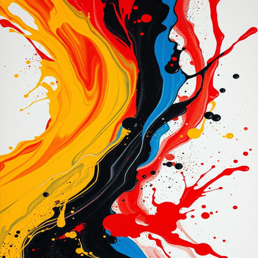 Create a high-resolution abstract painting featuring swirling colors of red, yellow, blue, and black with vibrant splashes and a dynamic composition; use a Canon EOS R5 with a 24-70mm f/2.8 lens at ISO 100, aperture f/8, and a shutter speed of 1/60s, capturing a slightly upward angle for depth and texture enhancement.