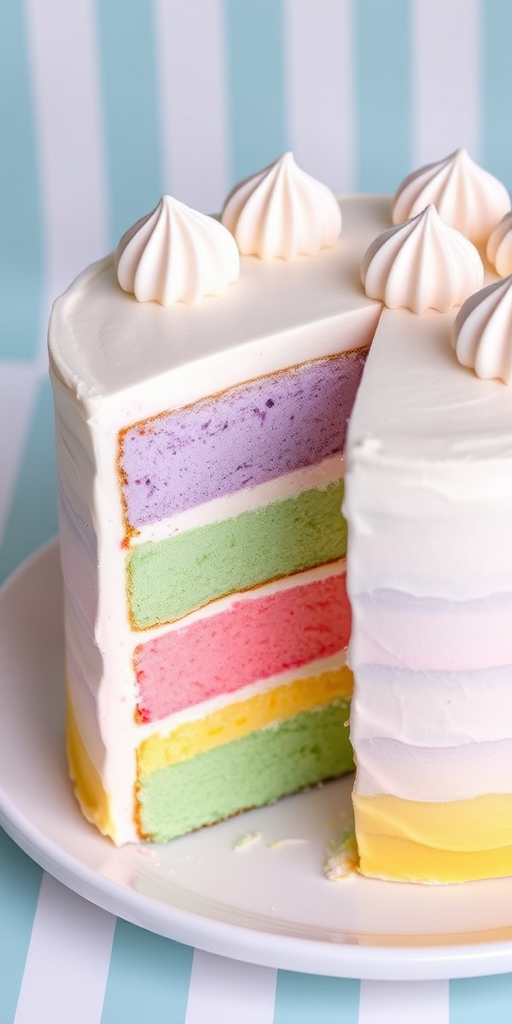 A beautifully layered ice cream cake with pastel colors including pink, green, purple, and yellow, topped with a white frosting, displayed on a white plate with a light blue and white striped background, showcasing a slice removed to reveal the colorful layers inside.