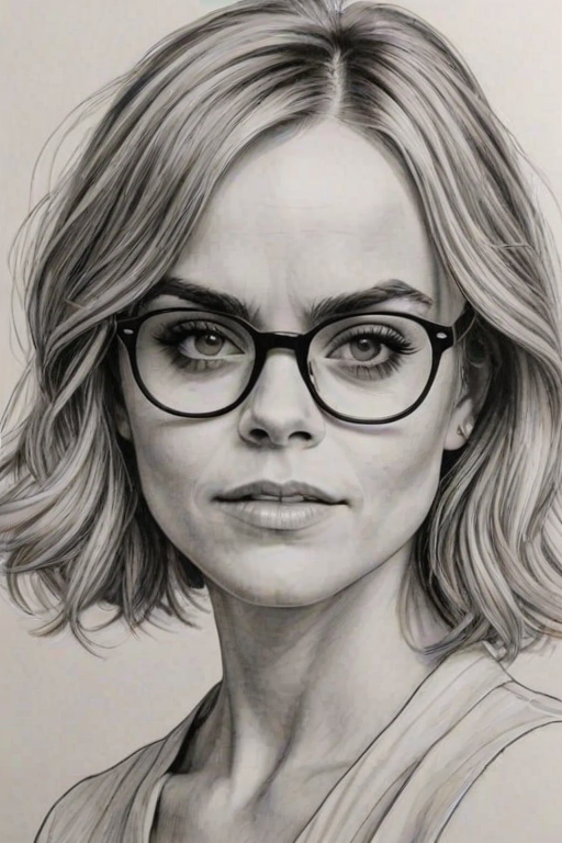 Charming Taryn Manning, pencil sketch, portrait of Ravishing woman 1944s in glasses, hair style beatnik, outline, clear lines, fine lines, 8k