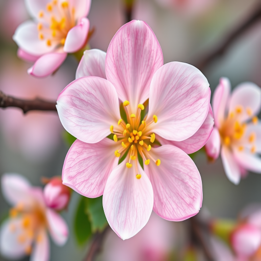 create a vibrant illustration of a cherry blossom flower with soft pink petals and yellow centers, captured with a macro lens at f/2.8 for shallow depth of field, using a DSLR camera for high resolution and vivid colors, top-down view for symmetrical composition