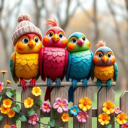 create a scene of 4 quirky  whimsical colourful comical birds each with a funny expression. they are sat on a wooden fence with colourful flowers. they are all different sizes. each one is a different colour  one is wearing a woolly hat. Each one has a different quirky google expression and there is a muted background of trees watercolour paintierly style high definition 8k resolution 3D paper mache