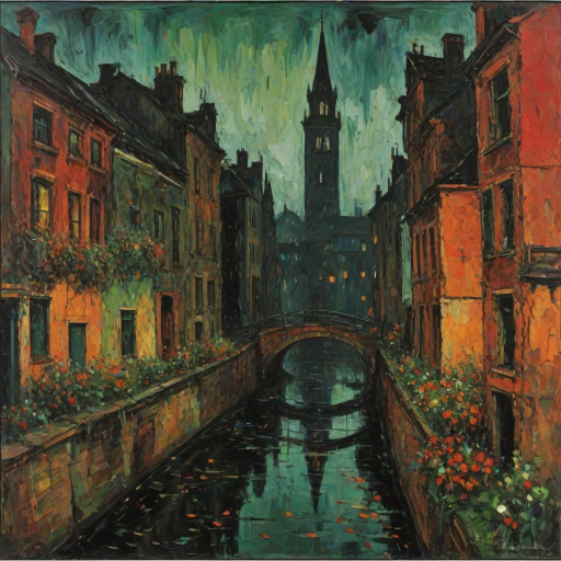 Misty Night, october. Half the frame is occupied by the wall of an old lonely towerhouse. Garlands of flowers hang from the windows. The rest of the frame is a view of the canal and bridge. Abstract expressionism, grunge impasto red orange, black, green intense oil colors on canvas. Jackson Pollock's, naive childish lines, microsplashes. Disturbing, depressive.