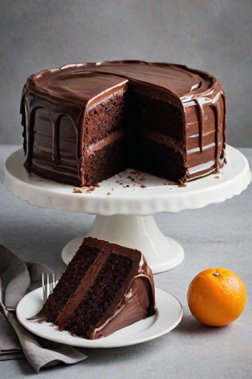 Create an image of a rich chocolate cake with three layers, featuring a smooth dark chocolate frosting. The cake should have a slice cut out, revealing a vibrant orange filling between the layers. The background should be elegant and dark, highlighting the cake’s glossy finish.