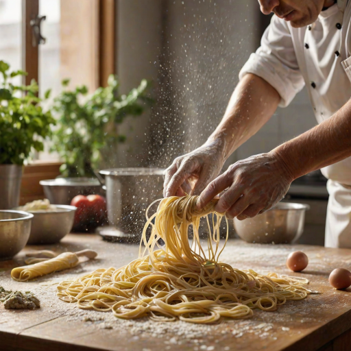 High-resolution image of a chef's hands preparing fresh pasta on a wooden countertop, flour dusting the surface, dough being rolled out, soft morning light streaming through the kitchen window, herbs and vegetables scattered around, a pot of water boiling in the background.