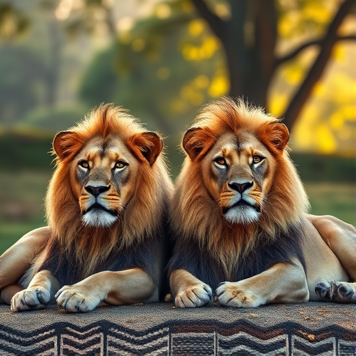 Create a high-resolution image of two lions resting side by side in a natural setting with soft sunlight filtering through the trees, using a full-frame DSLR camera at f/2.8, ISO 100, shutter speed 1/500s, capturing a shallow depth of field for a blurred background effect.