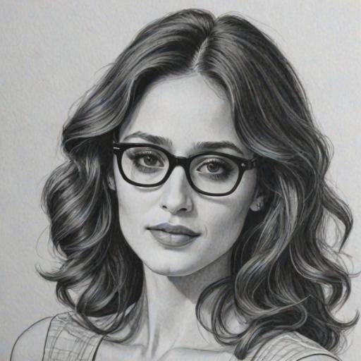 Stunning Emmy Rossum, pencil sketch, portrait of Stunning woman 1975s in glasses, hair style beatnik, outline, clear lines, fine lines, 8k