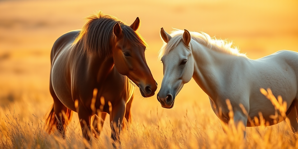 Create a serene image of two horses gently interacting in a golden grassland during the golden hour, using a DSLR camera with a 50mm lens, aperture set to f/1.8 for a shallow depth of field, ISO 200 for clarity, and soft natural lighting to enhance the warm tones.