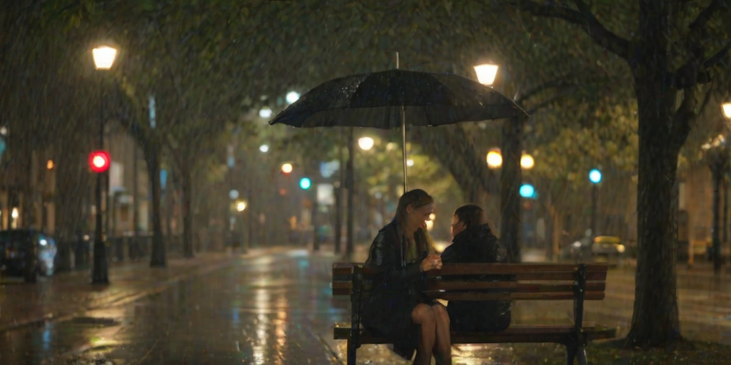 Blurry candid shot of a couple sitting on a park bench under an umbrella, soft light from nearby street lamps reflecting off the wet pavement, with raindrops softly falling around them.