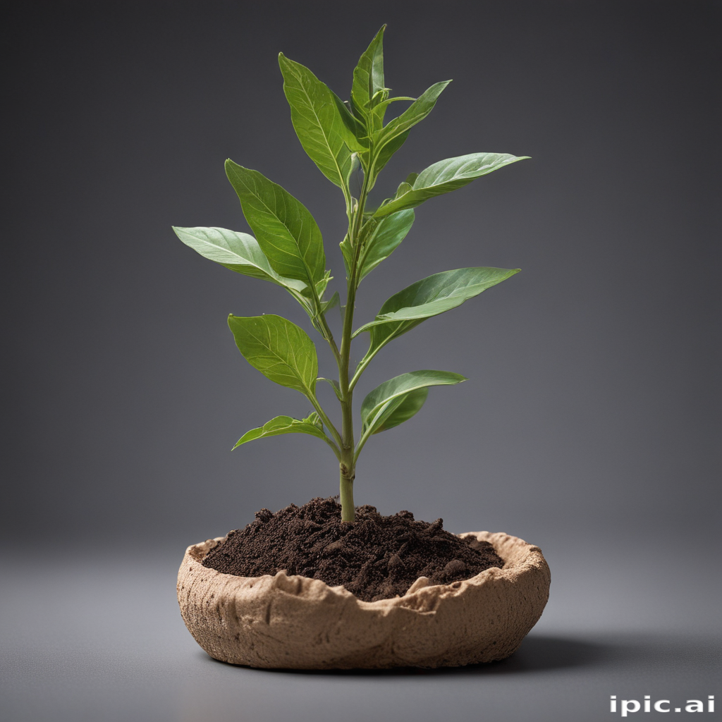 Thriving Green Plant Growing in a Unique Textured Pot with Soil