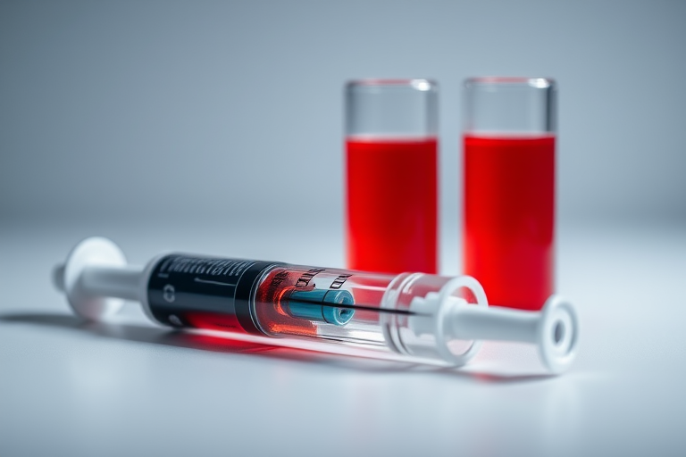 Create a high-resolution image of a syringe with a dramatic focus on the needle, paired with two test tubes filled with red liquid, using a DSLR camera with a 50mm lens, aperture set to f/2.8 for shallow depth of field, ISO 100 for optimal clarity, and a soft studio light to enhance the colors.
