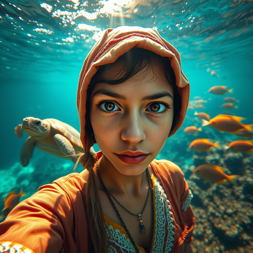 Realistic selfie image of a Guarani, wearing a vintage outfit, detailed dreamy eyes, droopy hooded eyes, staring at the camera, taken underwater at coral reef with a sunbeam filtering through the water, vibrant, summer vacation, natural lighting, turtle and school of tropical fish with vibrant colors, rendered in the style of CryEngine, Pegi Nicol MacLeod, with realistic genre scenes, hauntingly beautiful narratives, ultra-realism, and Thomas Saliot's close-up technique, 8K resolution, crystal clear and sparkling water.