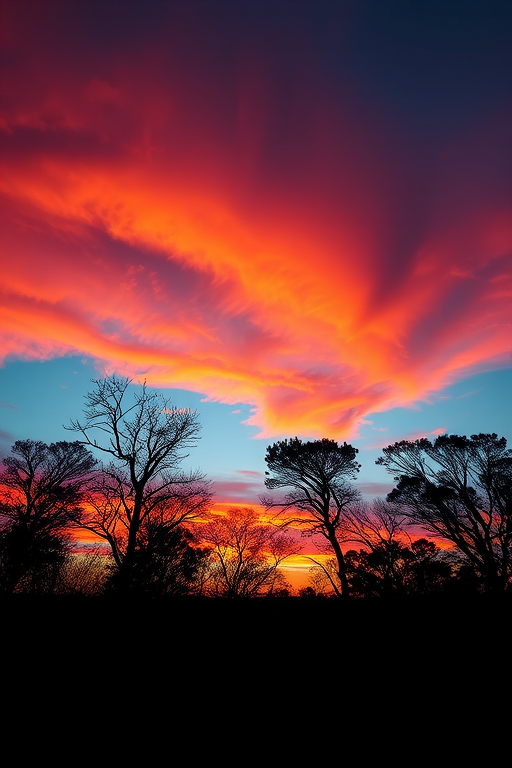 Create a high-resolution image of a landscape during sunset, with vibrant colors in the sky and silhouette trees in the foreground, captured with a Canon EOS R5, 24mm lens, f/8 aperture, ISO 100, 1/125s shutter speed, wide-angle view.