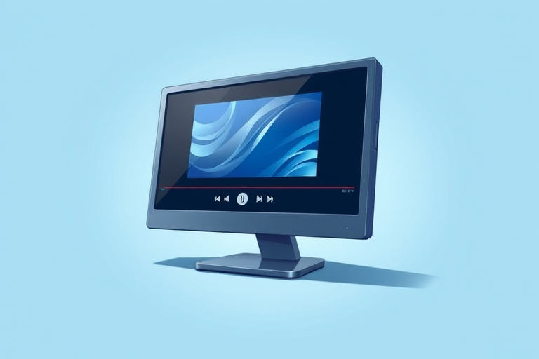 create a digital illustration of a computer monitor displaying a video player interface on a light blue background, using a high-resolution digital art style, 300 DPI, perspective view, with a soft lighting effect to enhance details, using a Wacom tablet for precision.
